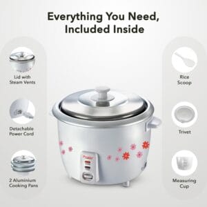 Prestige PRWO 1.8-2 Electric Rice Cooker| 2 Aluminium Cooking Pans | Stainless Steel Lid | Grey/White | Cool Touch Handles | Detachable Power Cord | 700- Watt|1.8 Litres