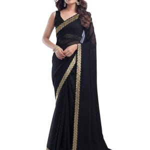 SIRIL Women's Georgette Lace Boarder Saree With Unstitched Blouse Piece