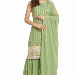 SHOPPING QUEEN Women's Georgette Straight Kurta Sharara Set with Dupatta